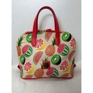 Dooney & Bourke Tropical Fruit Print Zip Zip Satchel Handbag Red‎ Leather Trim